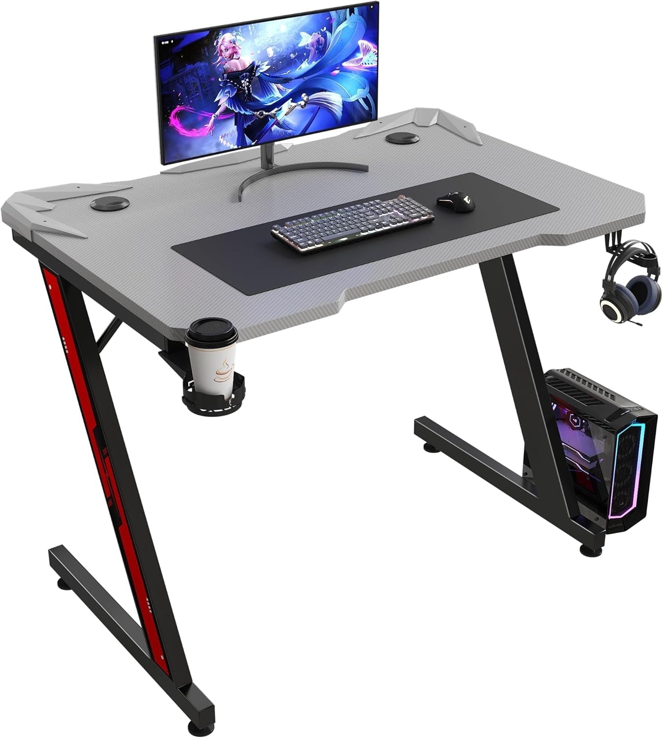 Gaming Computer Desk with Carbon Fiber Surface, Gaming Table Z Shaped Pc Home Office with Cup Holder&Headphone Hook(32 In, Grey)-0