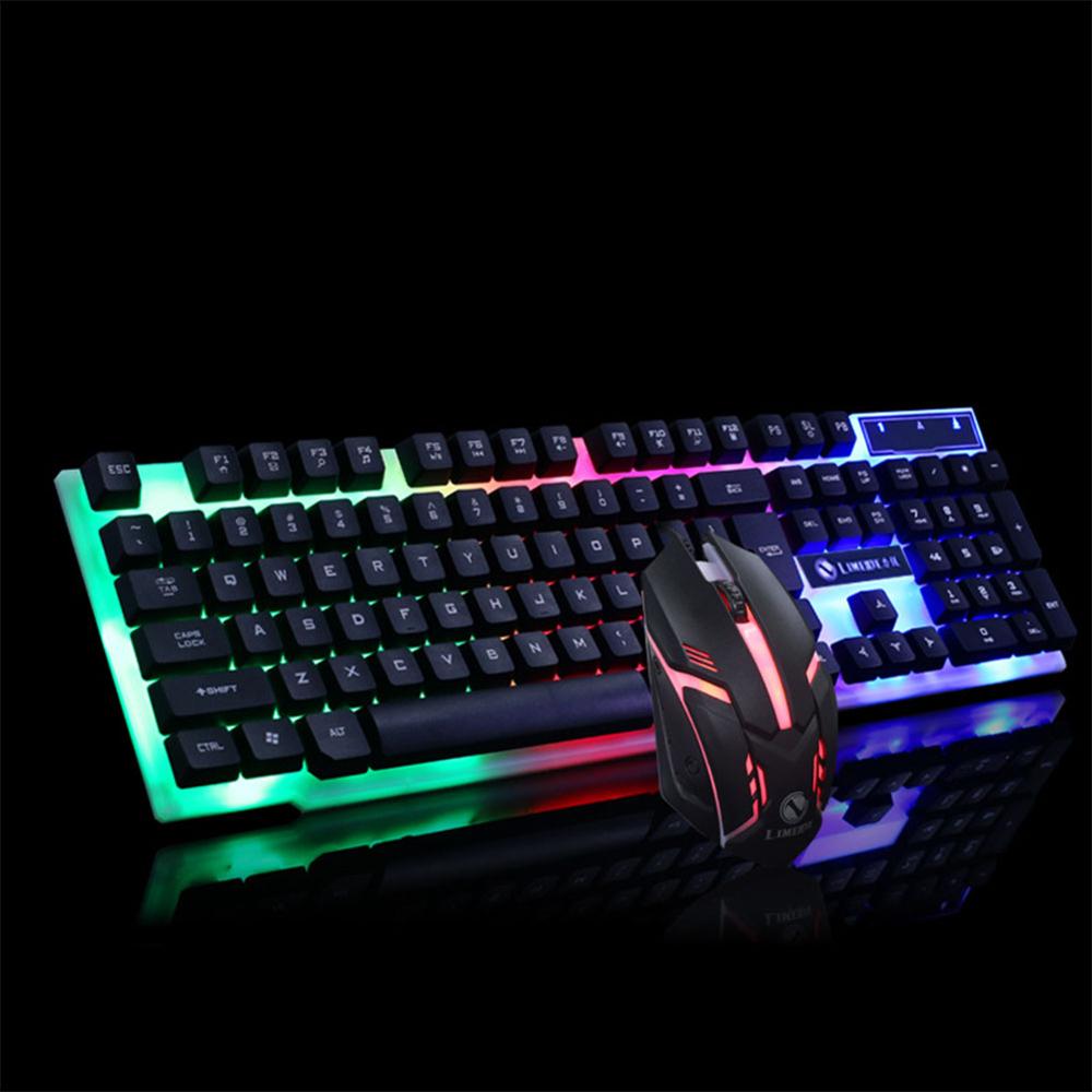 A gaming keyboard and mouse set with multicolored glowing backlights, connected via wired USB connections.