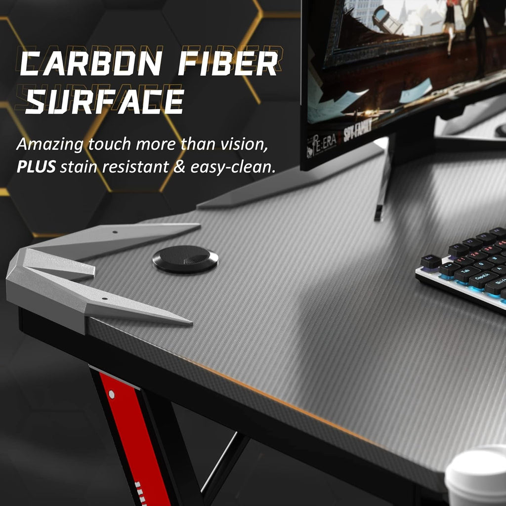 Gaming Computer Desk with Carbon Fiber Surface, Gaming Table Z Shaped Pc Home Office with Cup Holder&Headphone Hook(32 In, Grey)-4