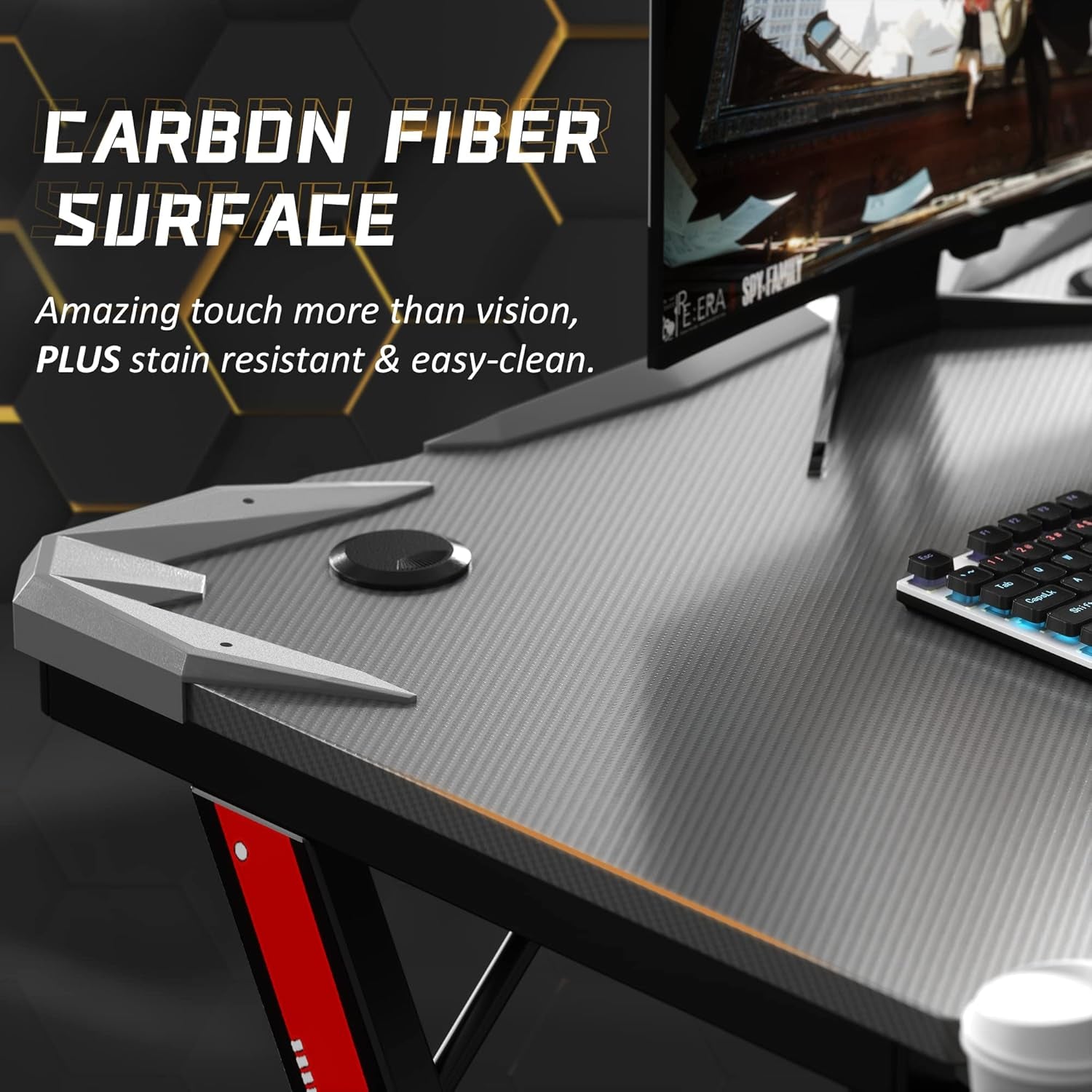 Gaming Computer Desk with Carbon Fiber Surface, Gaming Table Z Shaped Pc Home Office with Cup Holder&Headphone Hook(32 In, Grey)-4