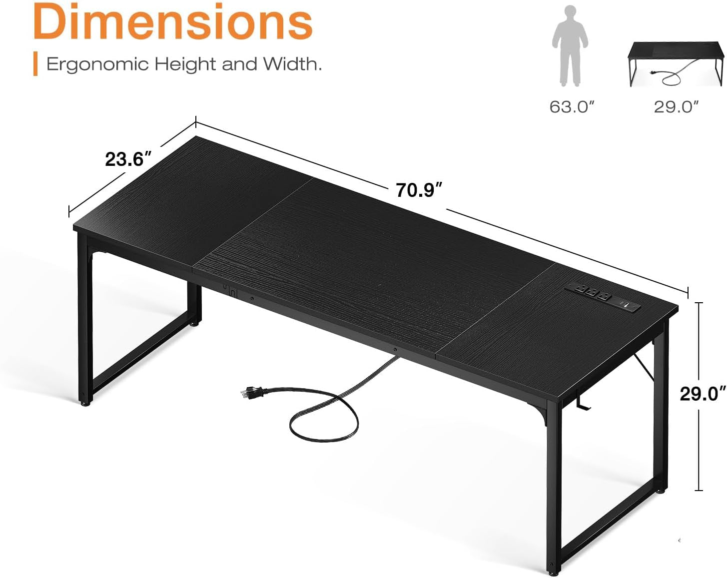 71 Inch Computer Desk with USB Ports, Large Office Desk, Long Study Student Writing Desk, Black-2