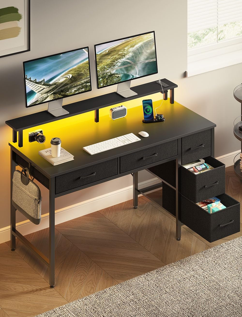 Computer Desk with Power Outlets & LED Light, 39 Inch Home Office Desk
