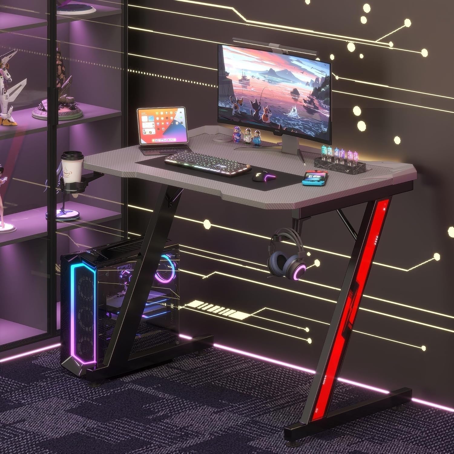Gaming Computer Desk with Carbon Fiber Surface, Gaming Table Z Shaped Pc Home Office with Cup Holder&Headphone Hook(32 In, Grey)-1