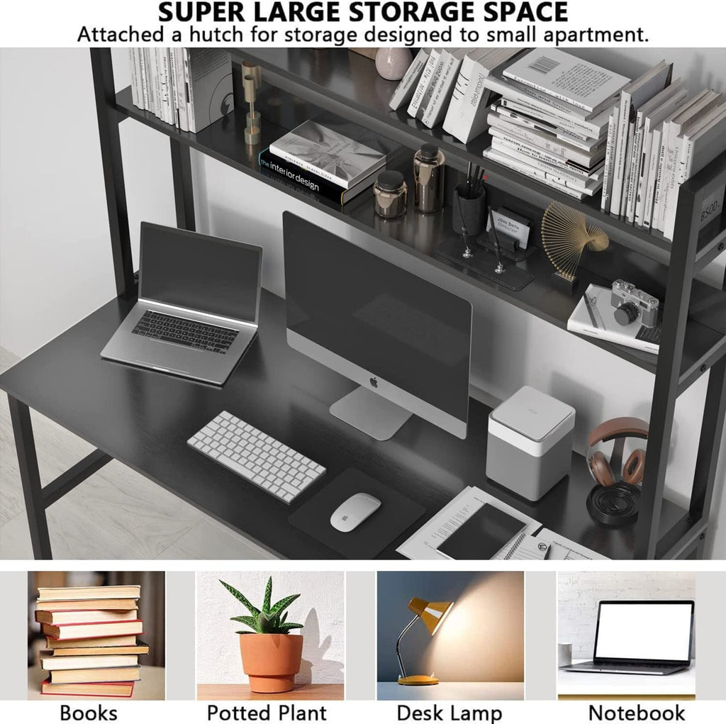 Black Computer Desk with Hutch and Bookshelf-3