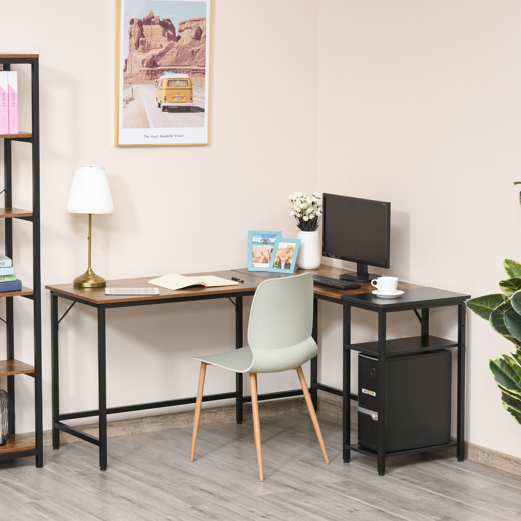 HOMCOM Computer Desk with Adjustable Storage Shelf Wood Grain Surface