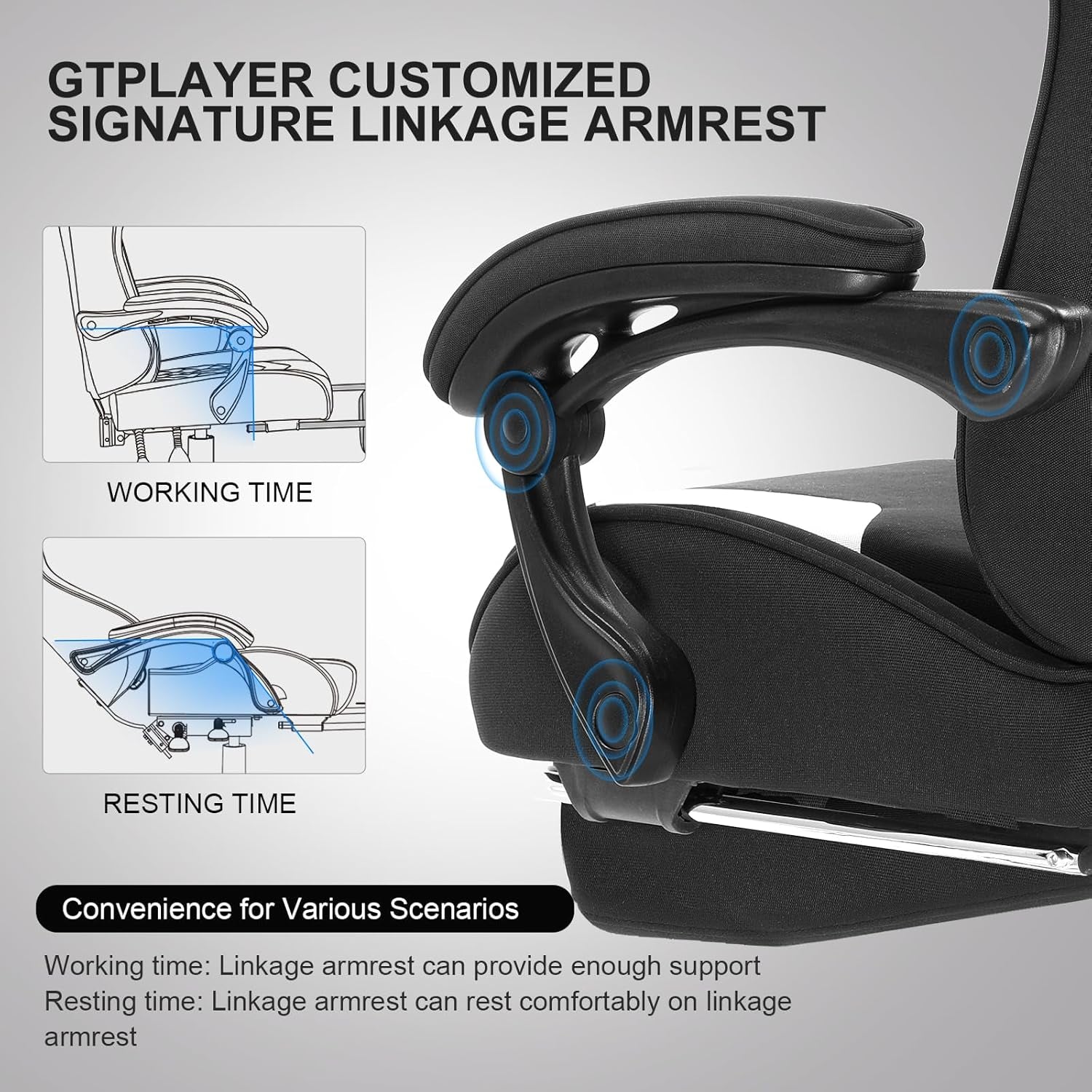 Gaming Chair, Computer Chair with Footrest and Lumbar Support, Height Adjustable Game Chair with 360°-Swivel Seat and Headrest and for Office or Gaming (Fabric, Black & Light Gray)-3