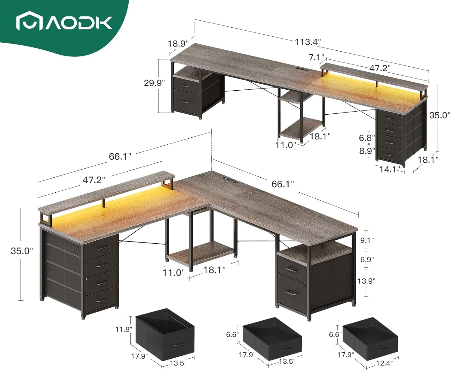 L Shaped Computer Desk with File Cabinet and LED Light-1