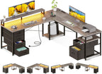 L Shaped Computer Desk with File Cabinet and LED Light-0