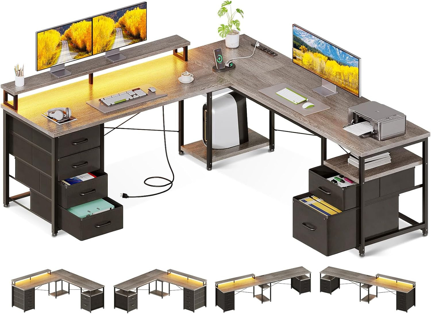 L Shaped Computer Desk with File Cabinet and LED Light-0