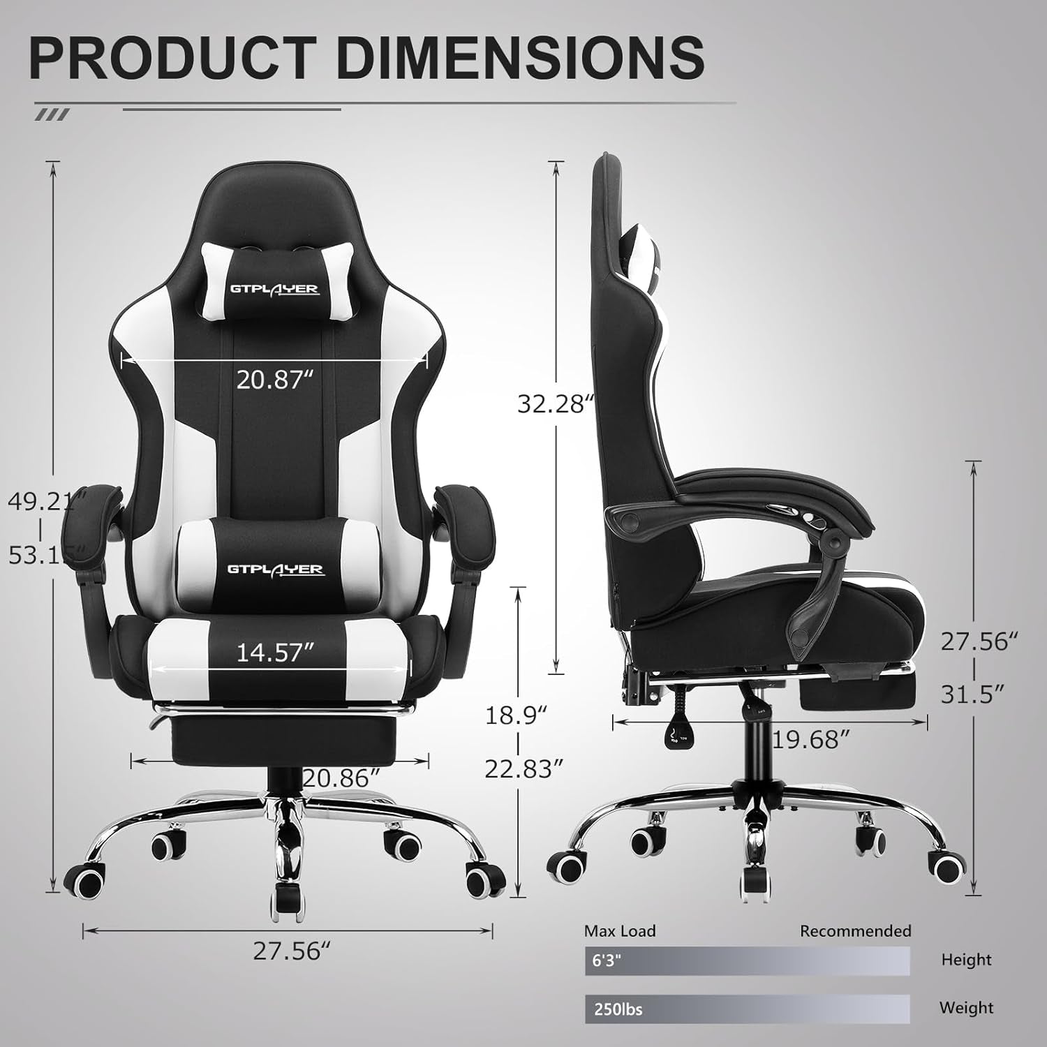 Gaming Chair, Computer Chair with Footrest and Lumbar Support, Height Adjustable Game Chair with 360°-Swivel Seat and Headrest and for Office or Gaming (Fabric, Black & Light Gray)-2