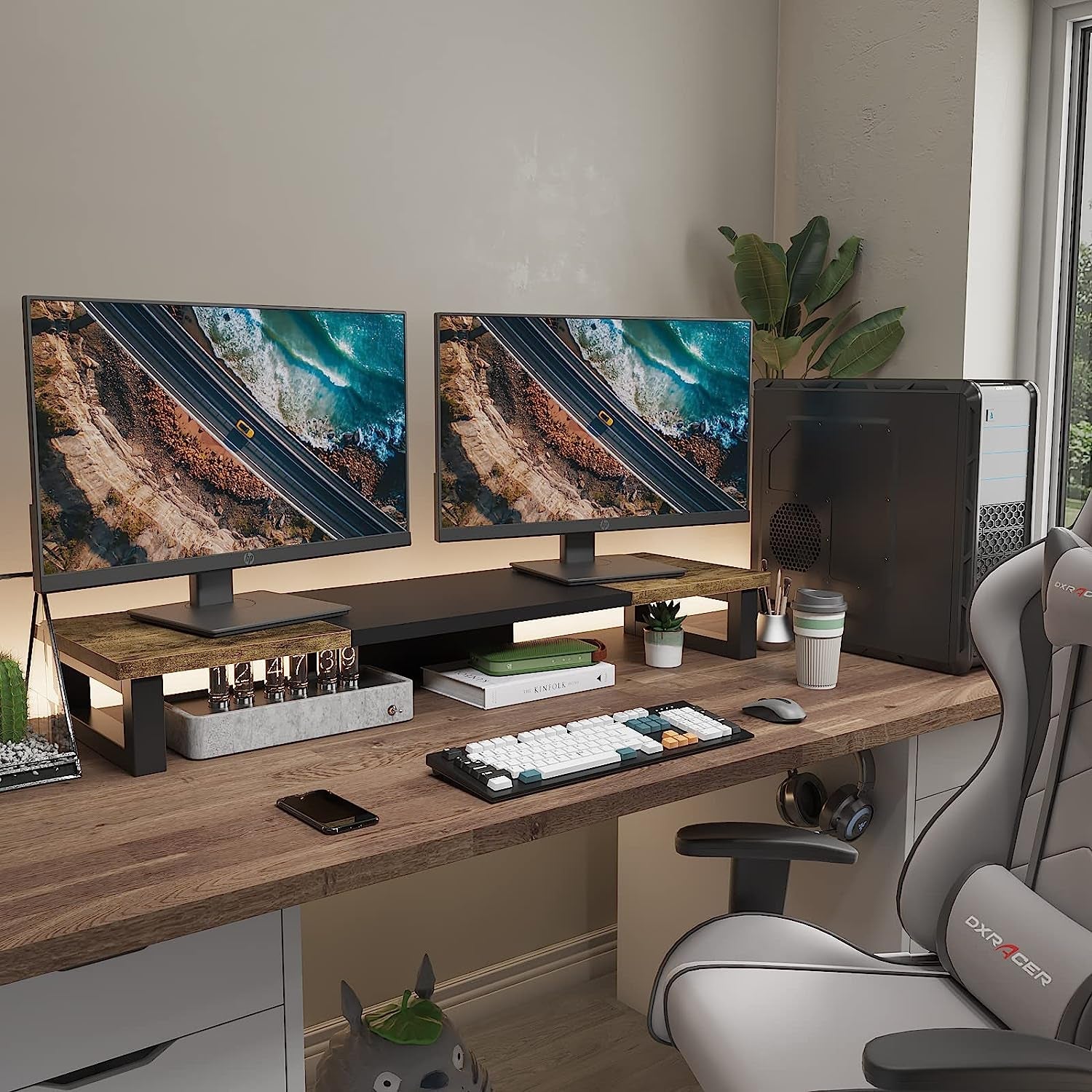 Dual Monitor Stand Riser, Wood and Steel Monitor Stand Riser, Computer