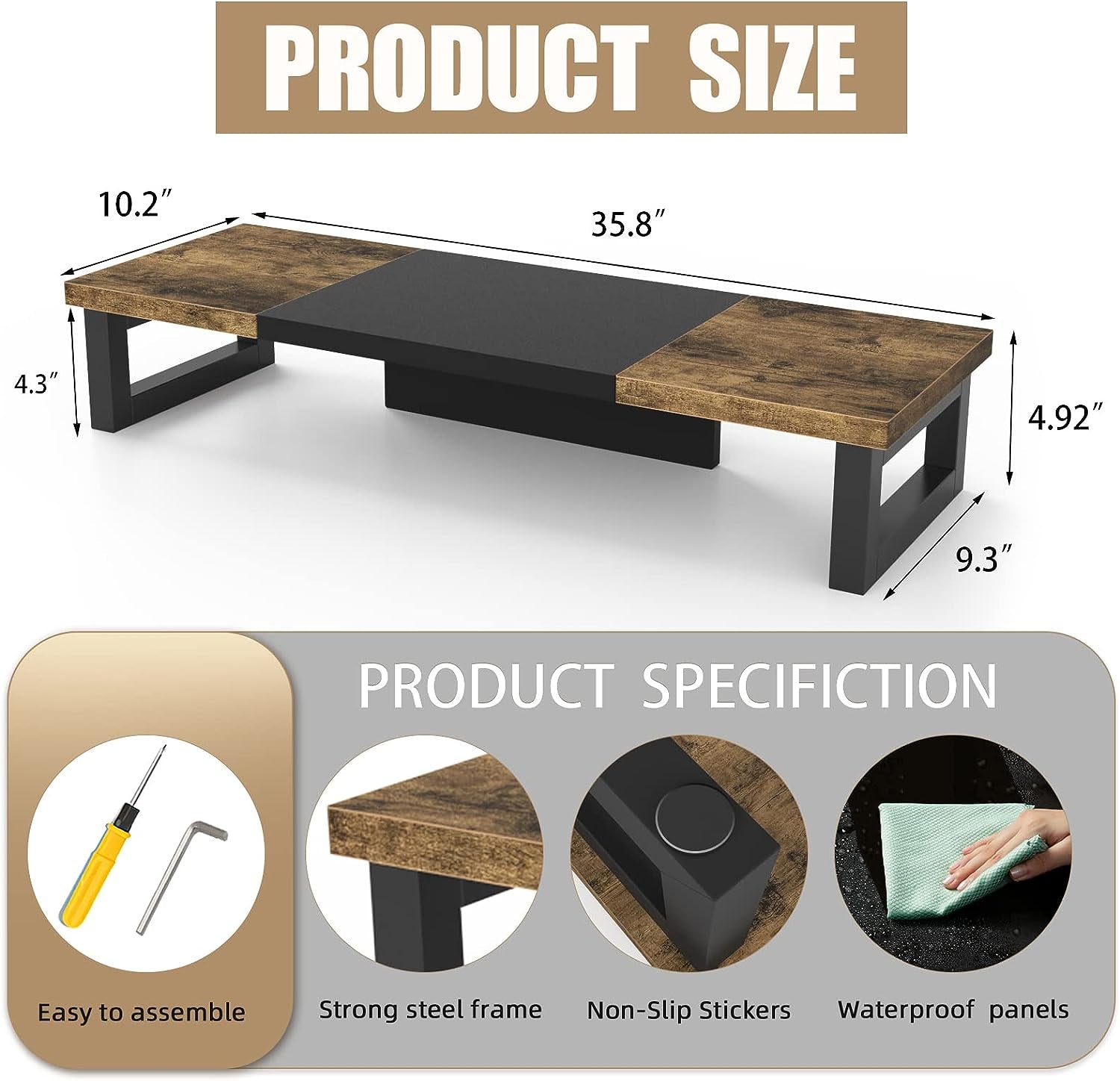 Dual Monitor Stand Riser, Wood and Steel Monitor Stand Riser, Computer