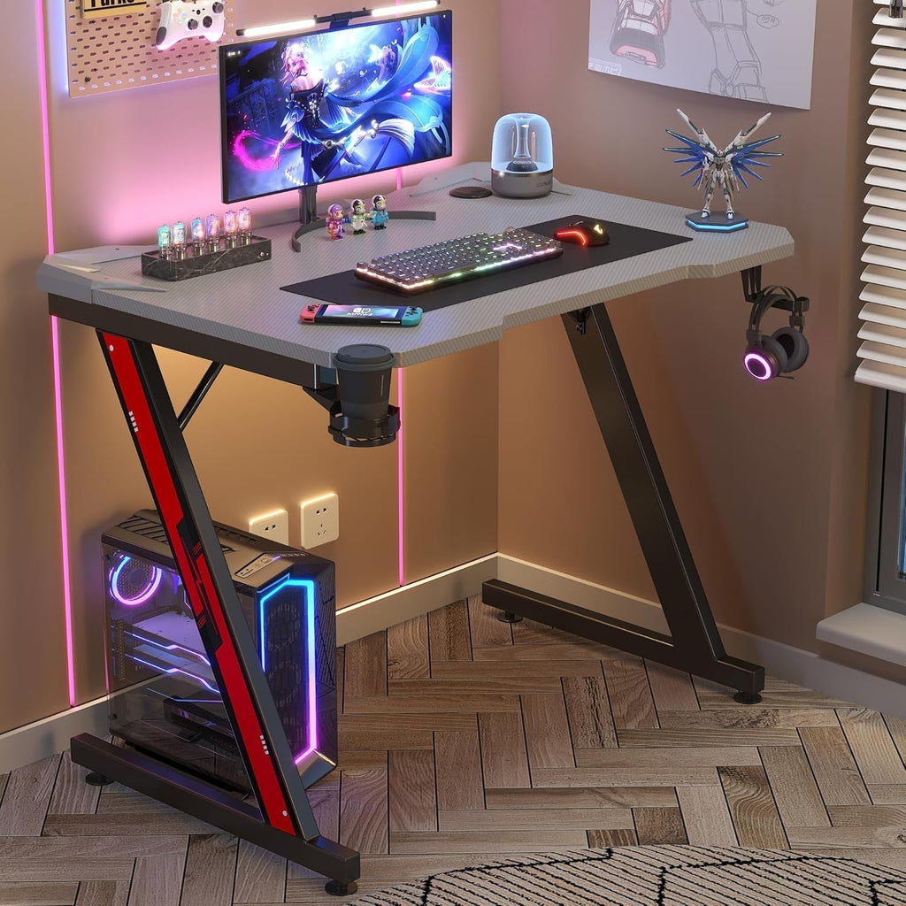 Gaming Computer Desk with Carbon Fiber Surface, Gaming Table Z Shaped Pc Home Office with Cup Holder&Headphone Hook(32 In, Grey)-3