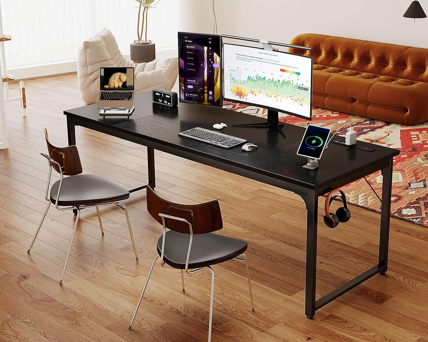 71 Inch Computer Desk with USB Ports, Large Office Desk, Long Study Student Writing Desk, Black-3