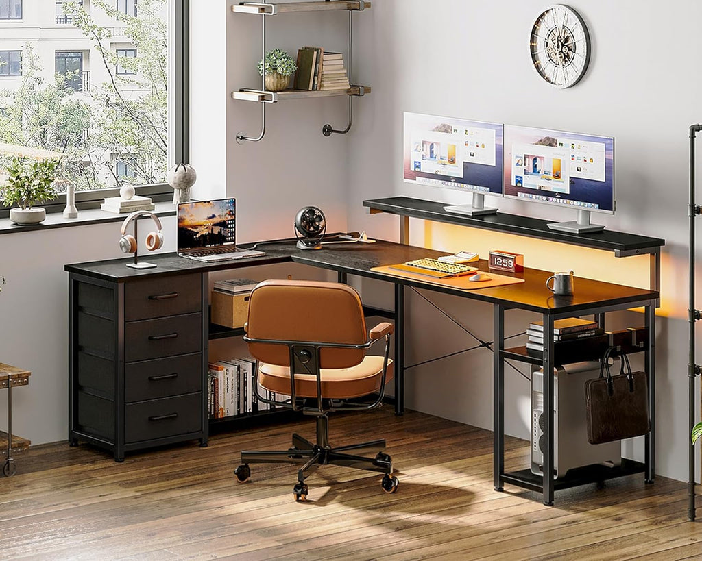 61" L Shaped Desk with Drawer, Computer Desk with Power Outlets & LED