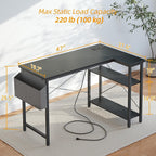 L Shaped Computer Desk with Power Outlets, 47 Inch Small Corner Desk with Reversible Shelves, Gaming Desk Computer Table Study Writing Table for Home Office Bedroom Small Space, Black-2