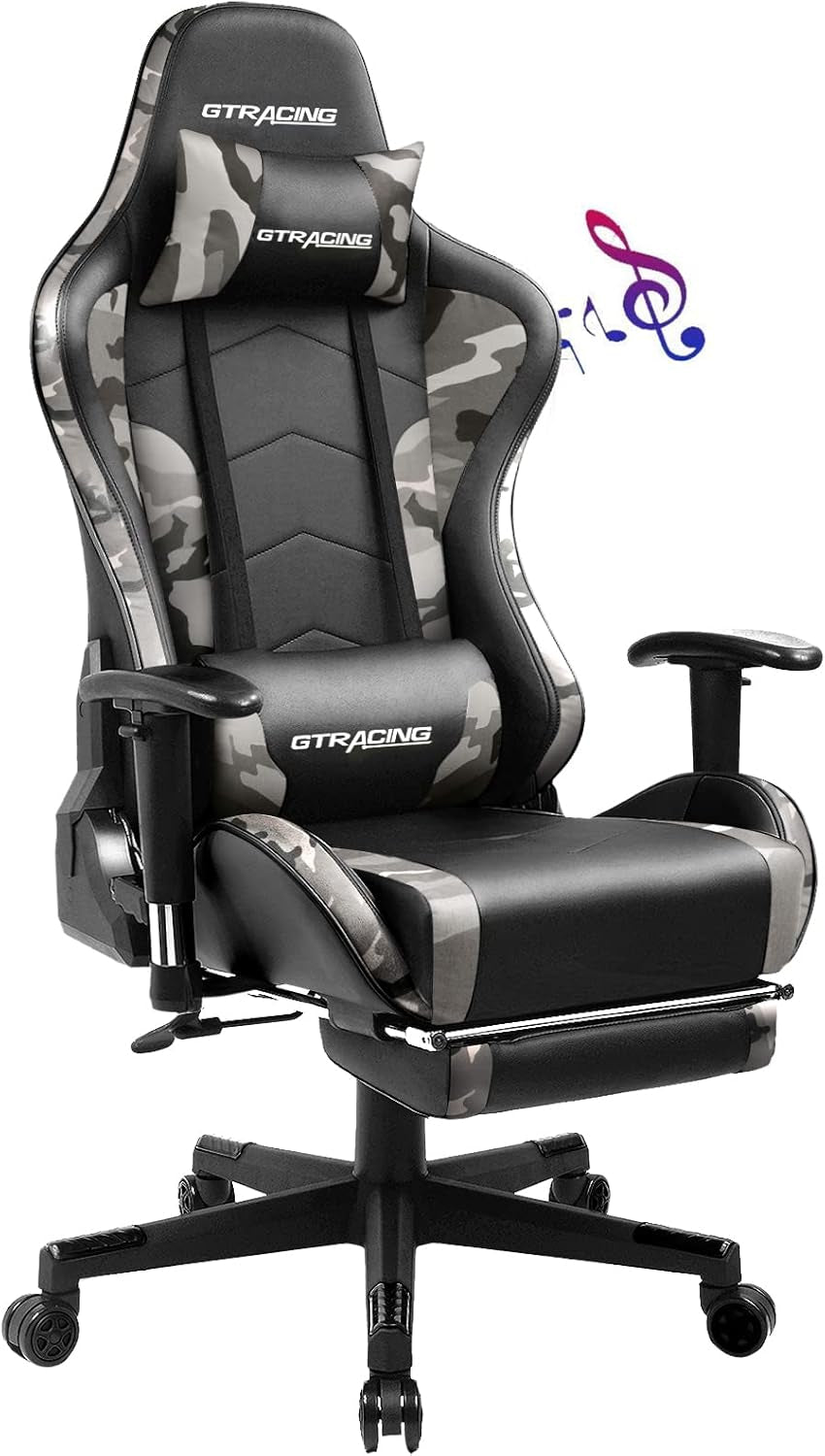 Gaming Chair with Footrest and Bluetooth Speakers Music Video Game Chair Heavy Duty Ergonomic Computer Office Desk Chair (Blue)-0