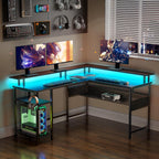 Computer Desk L Shaped 56.7" with LED Lights and Power Outlets,