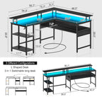 Computer Desk L Shaped 56.7" with LED Lights and Power Outlets,