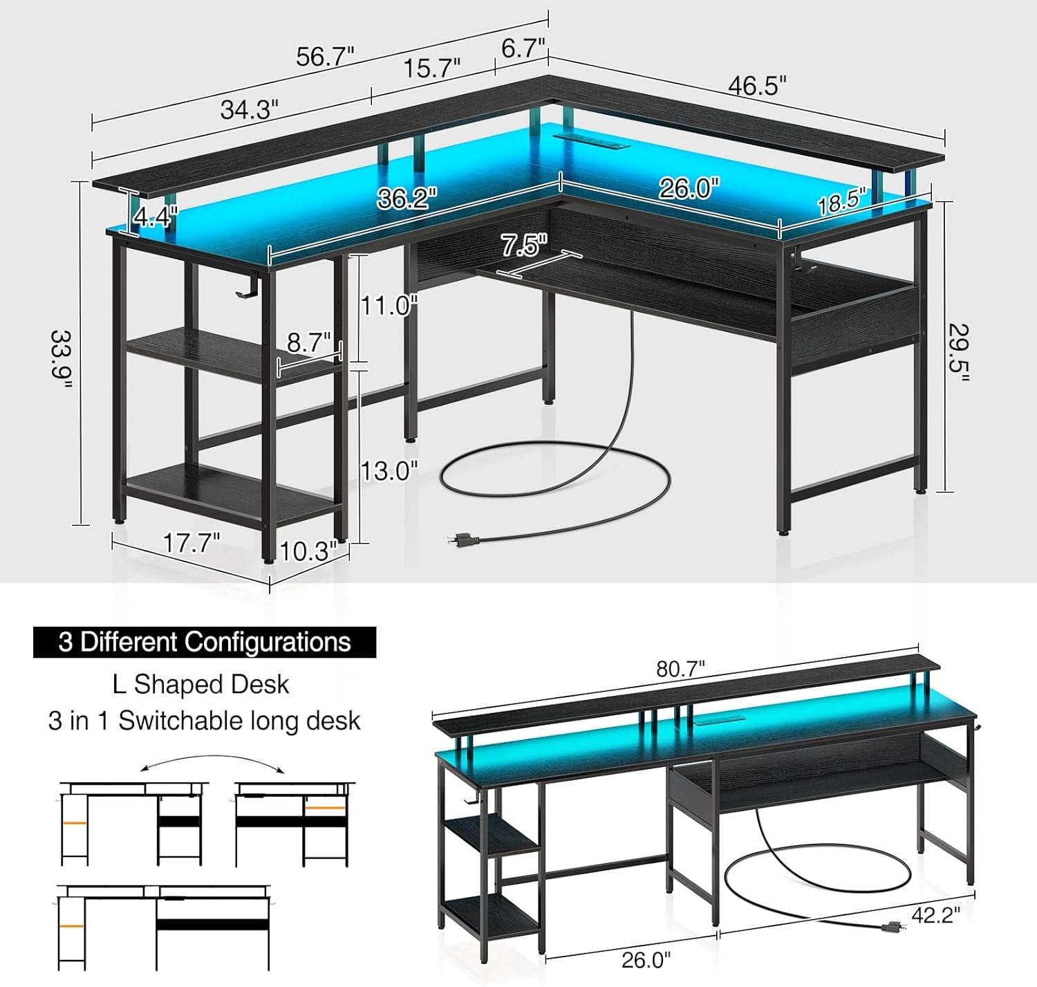 Computer Desk L Shaped 56.7" with LED Lights and Power Outlets,