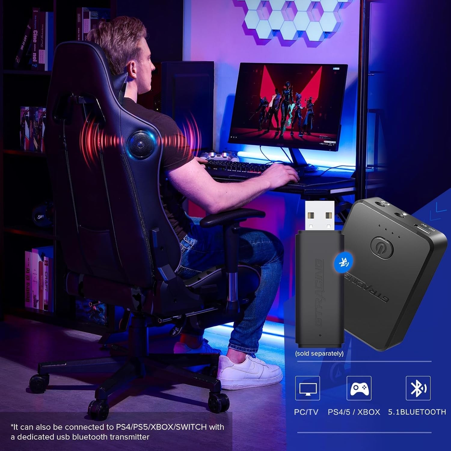 Gaming Chair with Footrest and Bluetooth Speakers Music Video Game Chair Heavy Duty Ergonomic Computer Office Desk Chair (Blue)-4