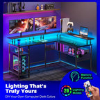 Computer Desk L Shaped 56.7" with LED Lights and Power Outlets,