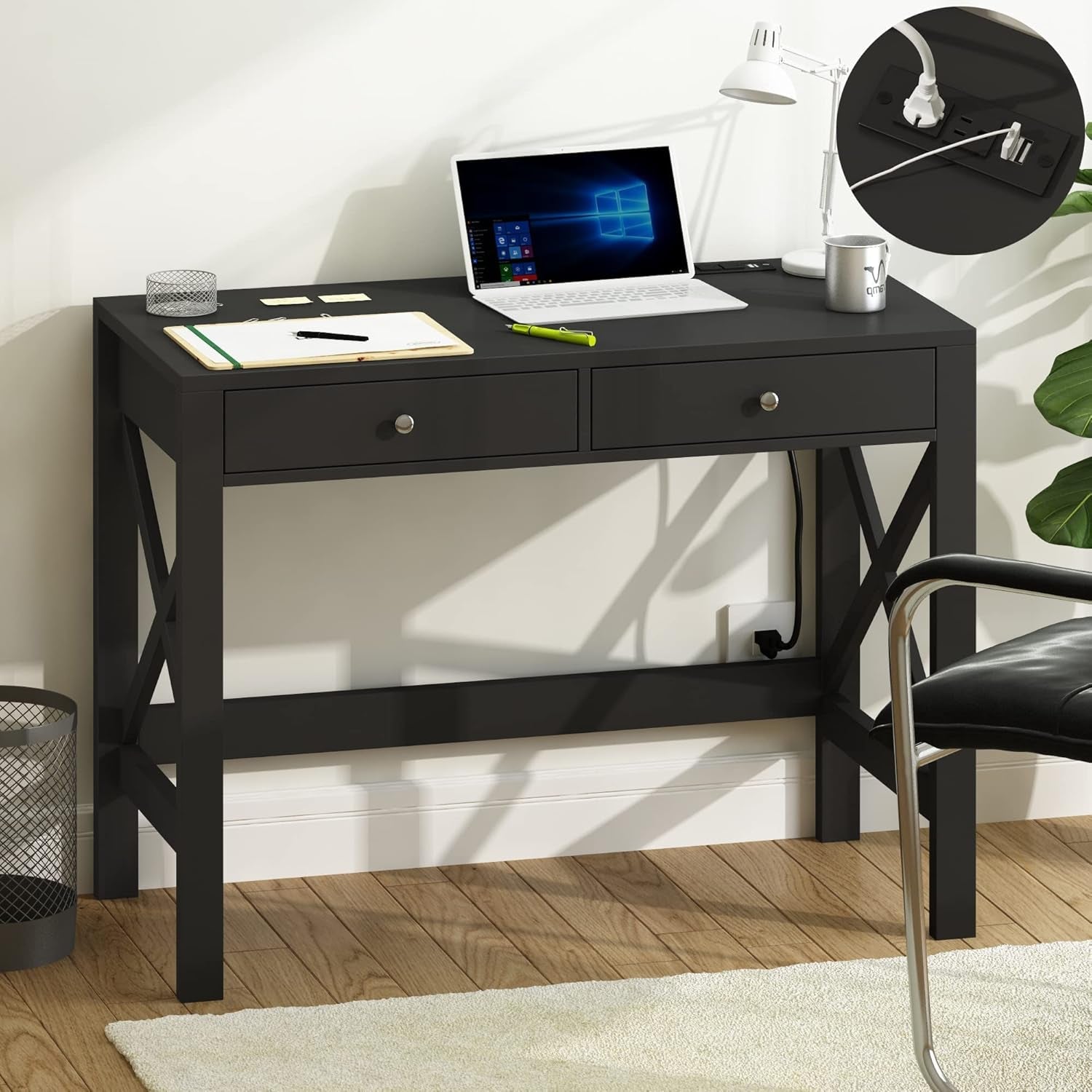 Computer Desk with USB Charging Ports and Power Outlets, 39" Black